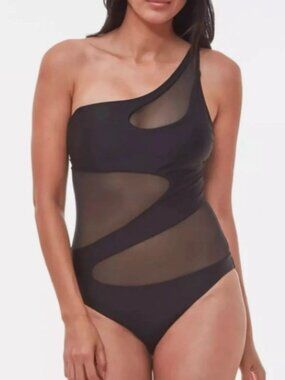 NWT! Bar III Black Natural Beauty Mesh Inset One Shoulder One Piece Swimsuit NEW